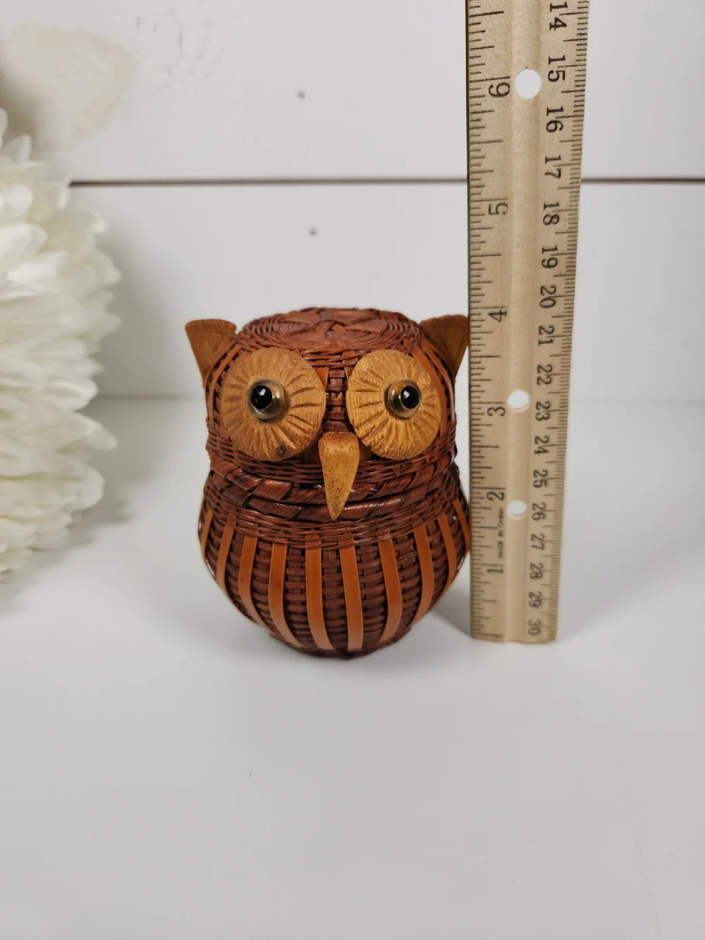 Vintage Wicker Owl Lidded Basket | Mid Century Owl Trinket Box